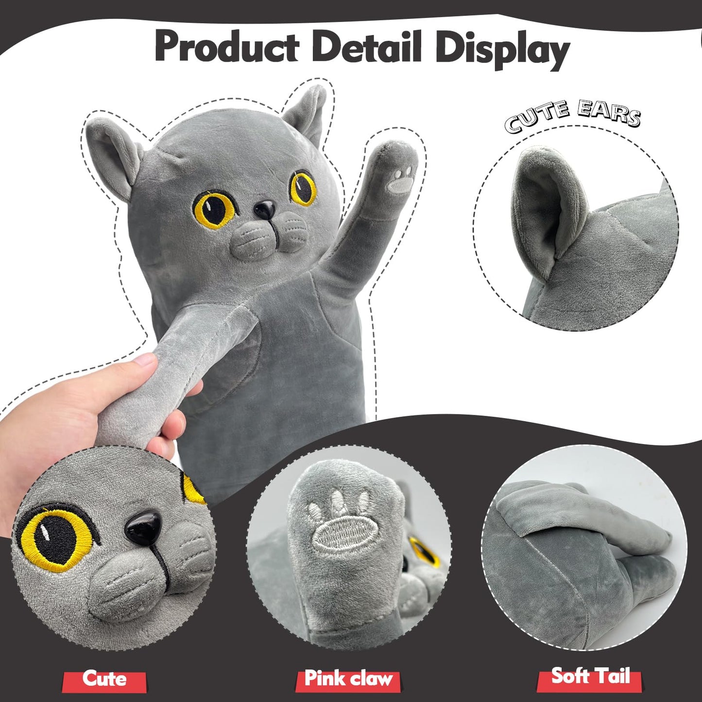 NXNYNZ Long Cat Plush Pillow 51.1in — Soft Gray Cat Body Pillow for Kids & Adults