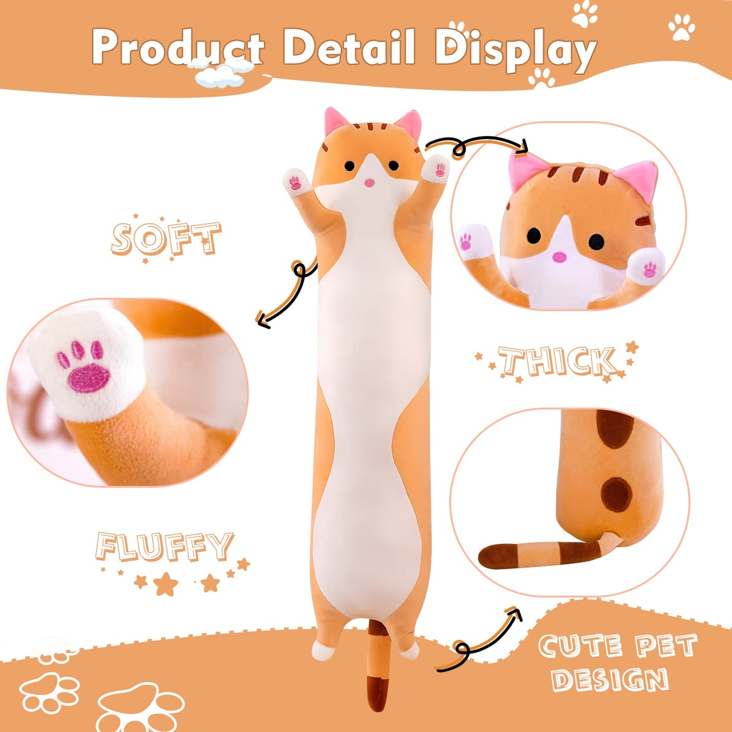 NXNYNZ Long Cat Plush Pillow – 51in Yellow Kawaii Cat Body Pillow