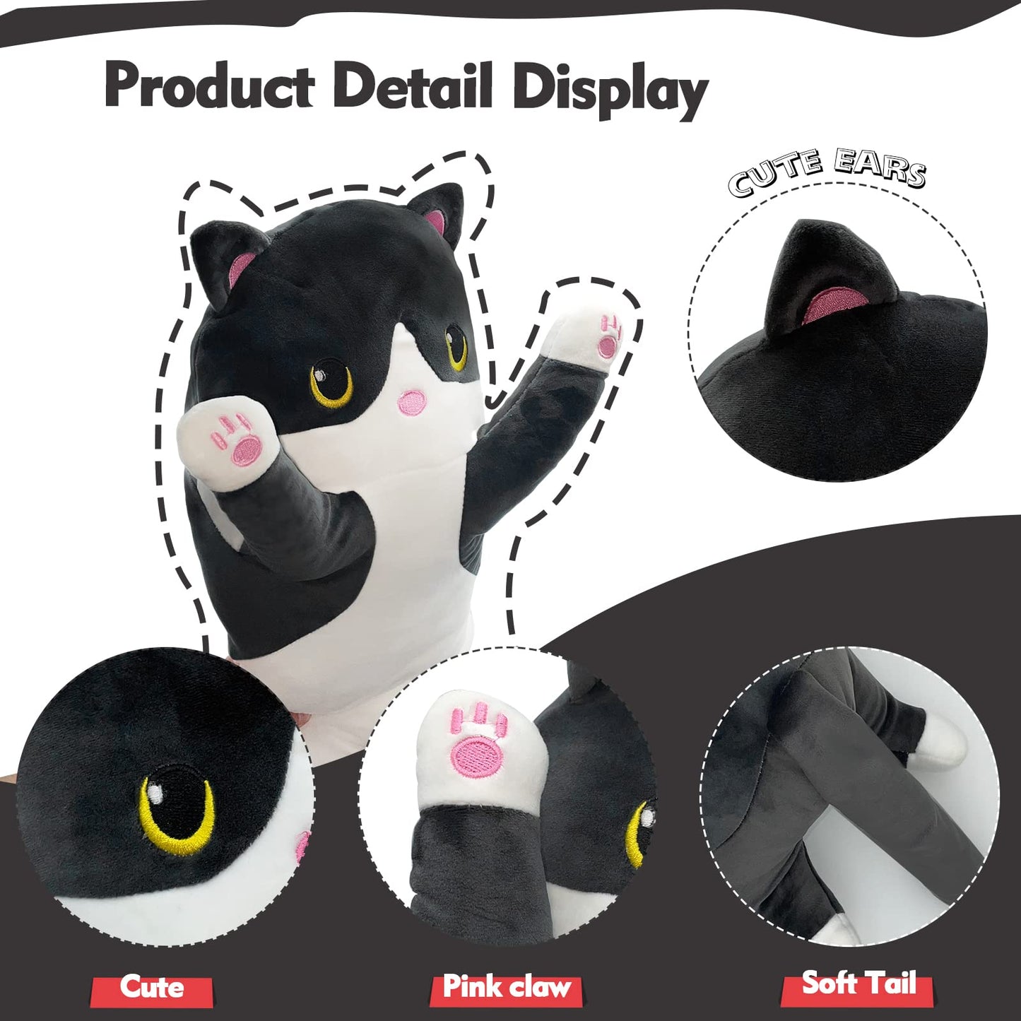 NXNYNZ Long Cat Plush Pillow – 51in Black Cat Body Pillow | Cute Kawaii Plush Toy