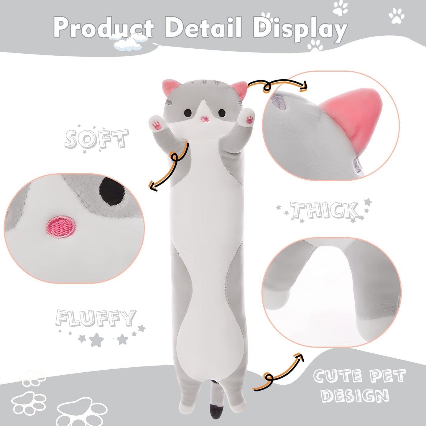 NXNYNZ Long Cat Plush Pillow 43.3in - Grey Cute Cat Body Pillow
