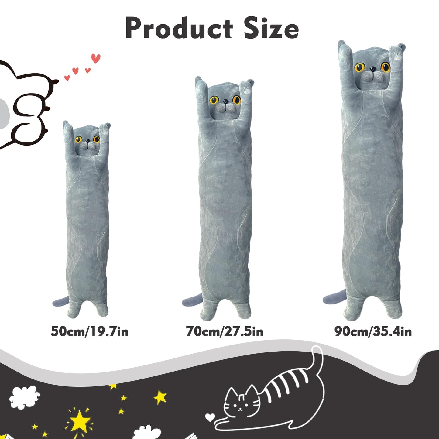 NXNYNZ Long Cat Plush Pillow 51.1in — Soft Gray Cat Body Pillow for Kids & Adults