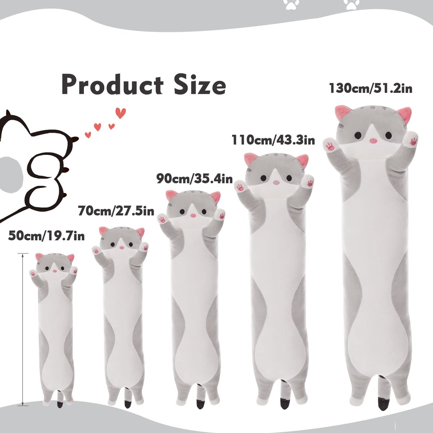 NXNYNZ Long Cat Plush Pillow 43.3in - Grey Cute Cat Body Pillow