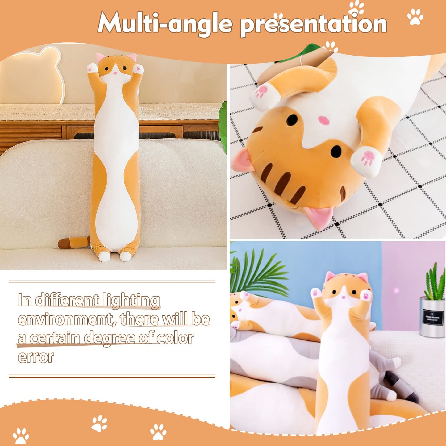 NXNYNZ Long Cat Plush Pillow - 35.4in Yellow Kawaii Body Pillow