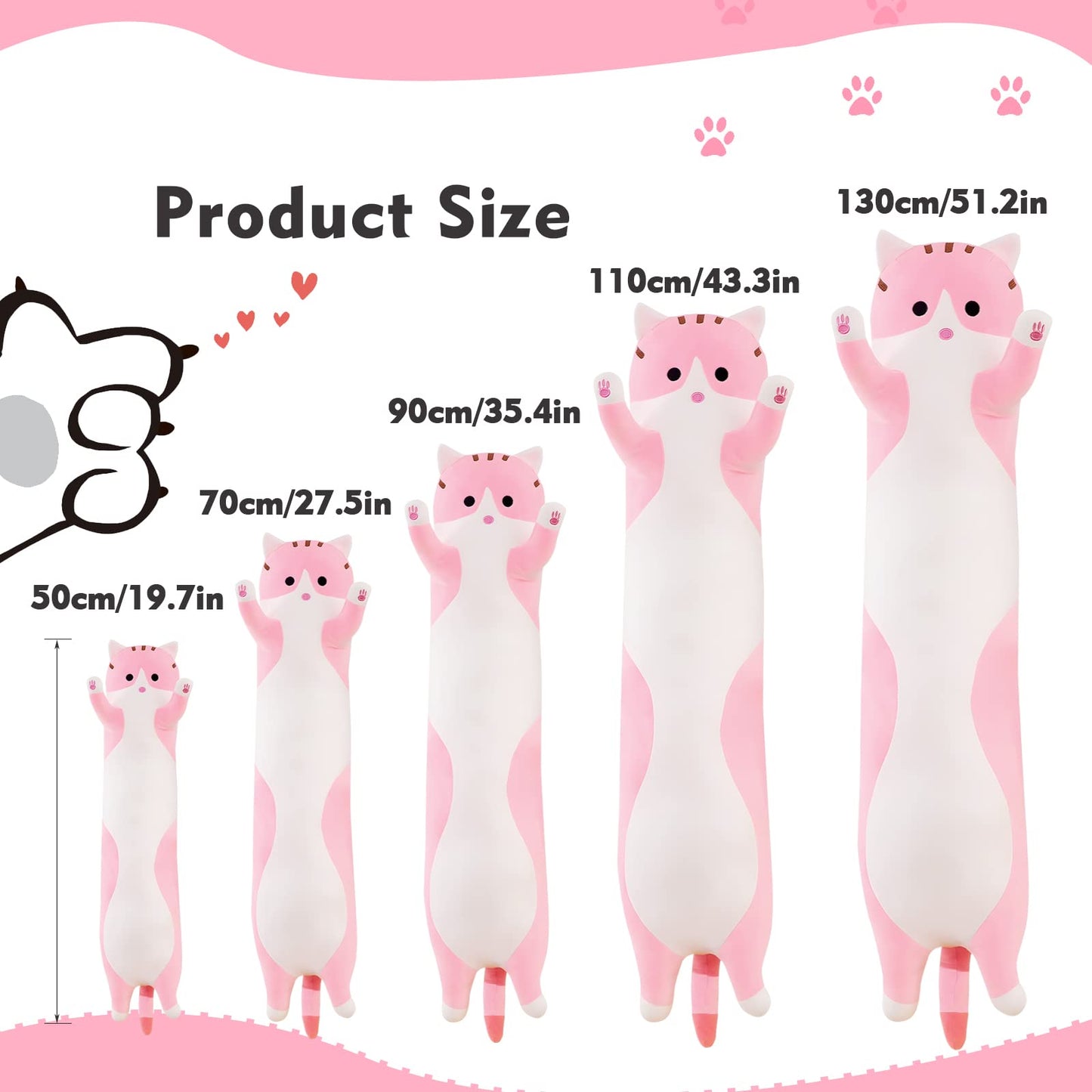 NXNYNZ Long Cat Plush Pillow 51.1in – Pink Cat Body Pillow for Cozy Lounging