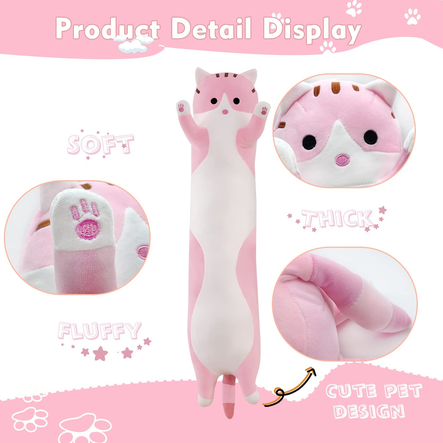 NXNYNZ Long Cat Plush Pillow 51.1in – Pink Cat Body Pillow for Cozy Lounging
