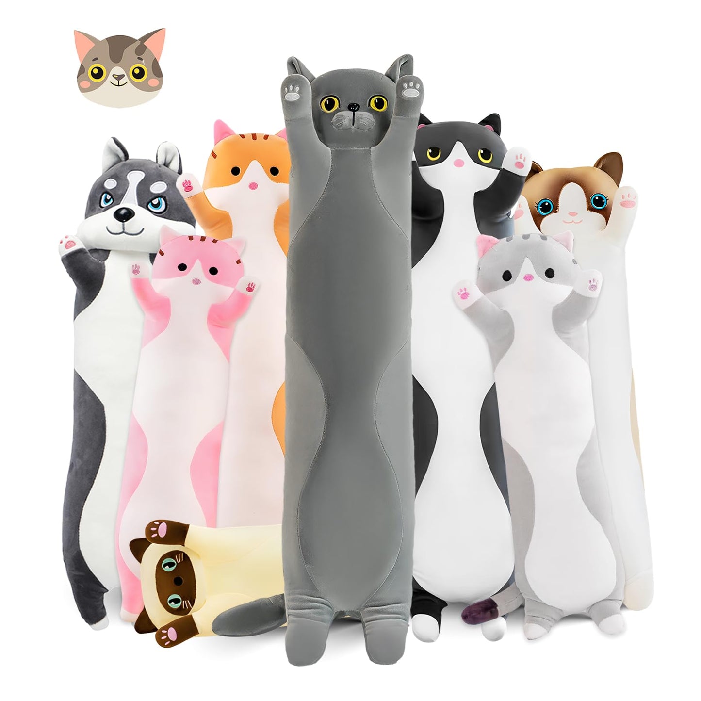 NXNYNZ Long Cat Plush Pillow 51.1in — Soft Gray Cat Body Pillow for Kids & Adults