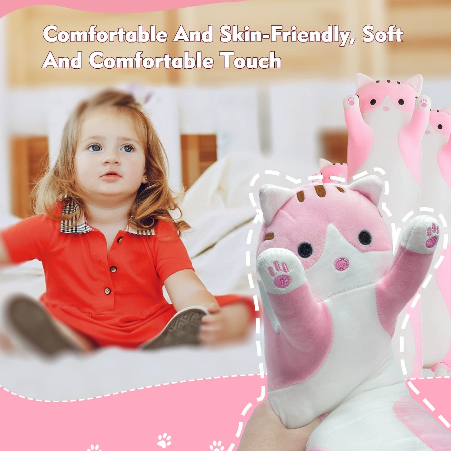 NXNYNZ Long Cat Plush Pillow 51.1in – Pink Cat Body Pillow for Cozy Lounging