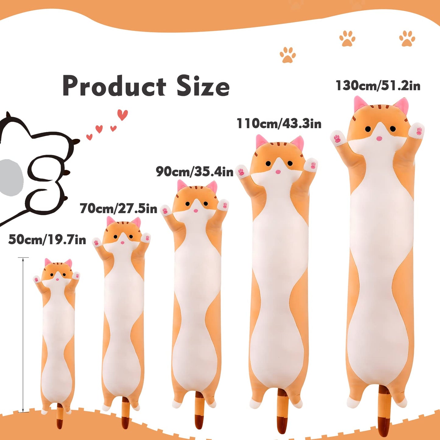 NXNYNZ Long Cat Plush Pillow – 51in Yellow Kawaii Cat Body Pillow