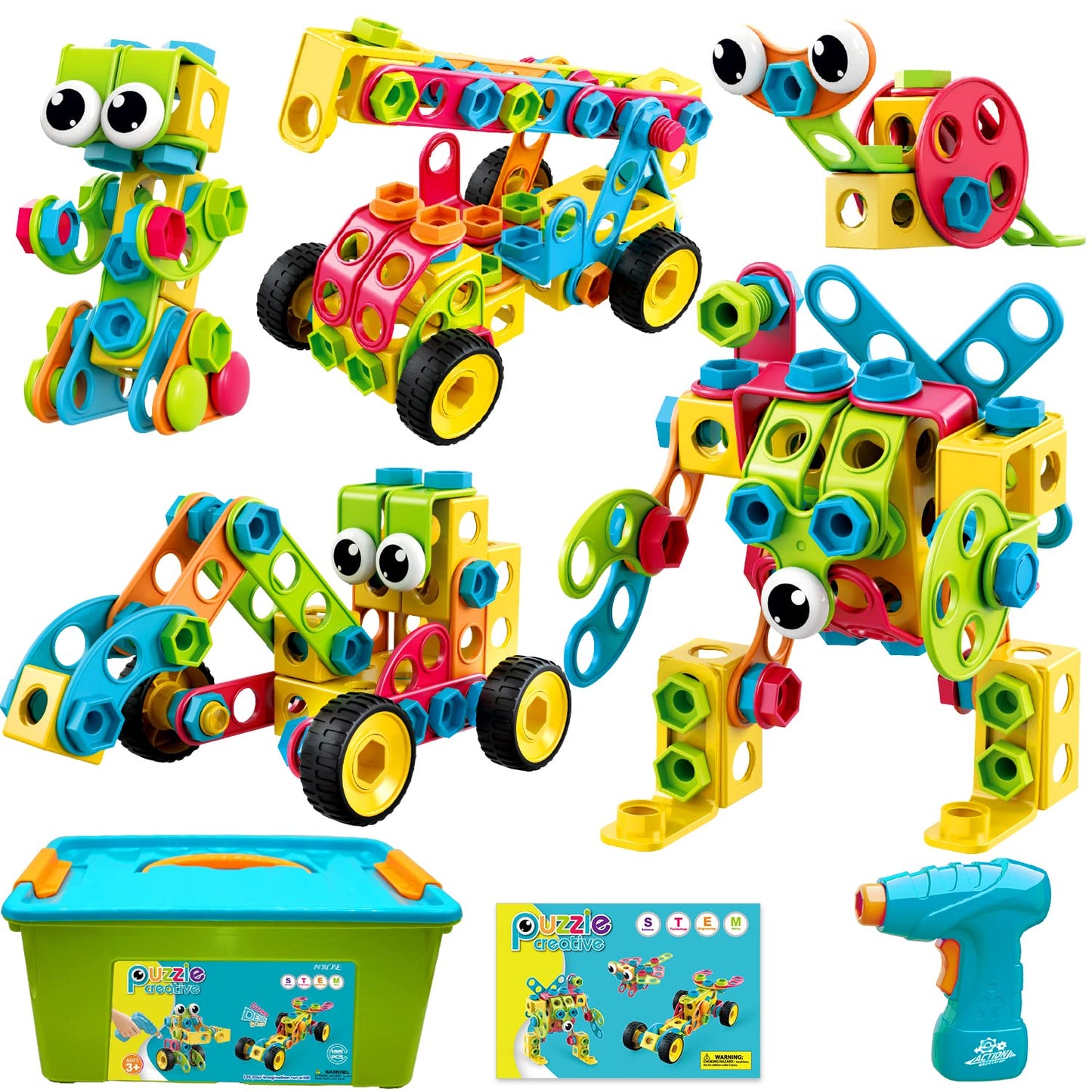 NXONE 195 Pcs Educational STEM Toys for Kids Ages 3-10 – Building Blocks with Drill & Storage Box