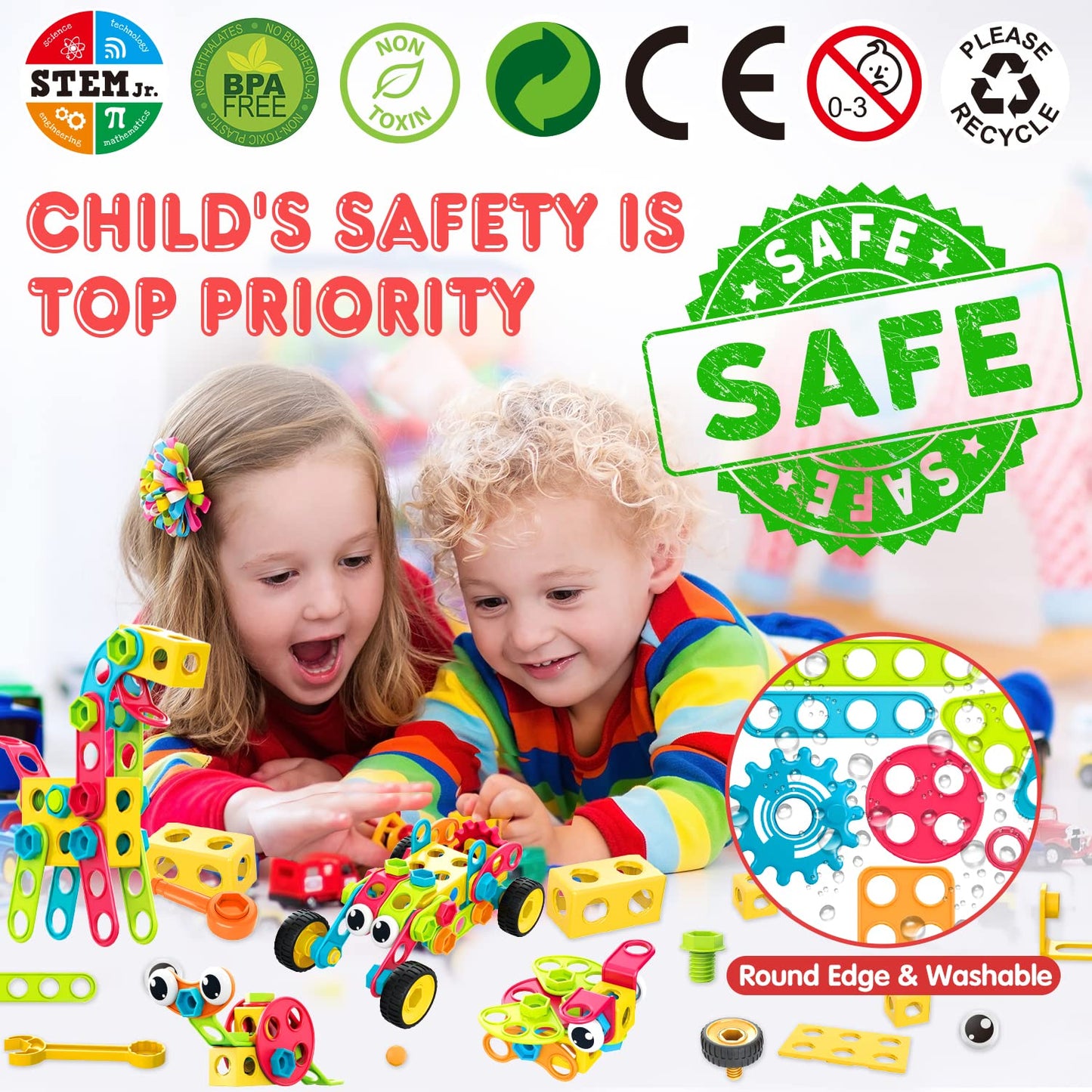 NXONE 195 Pcs Educational STEM Toys for Kids Ages 3-10 – Building Blocks with Drill & Storage Box