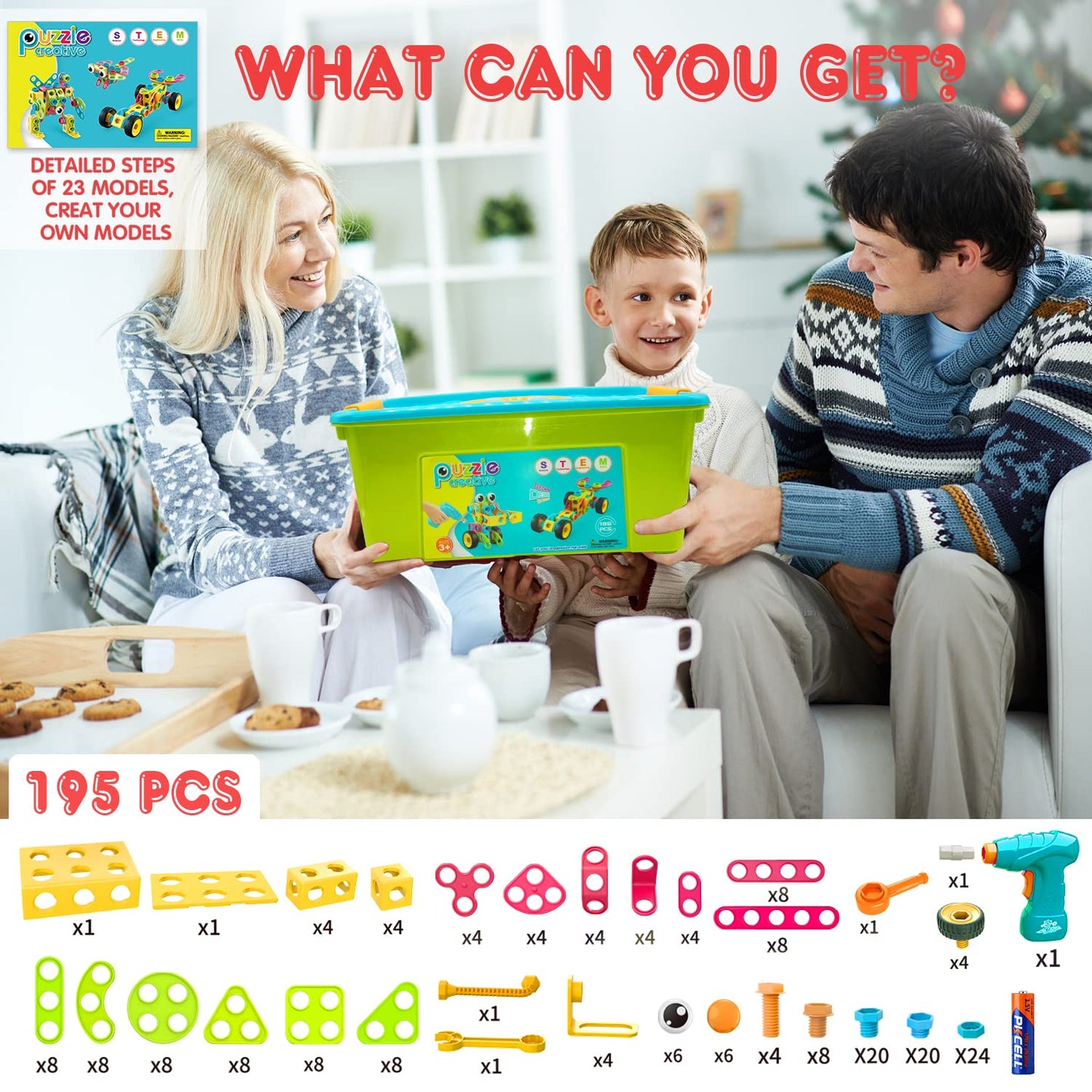 NXONE 195 Pcs Educational STEM Toys for Kids Ages 3-10 – Building Blocks with Drill & Storage Box
