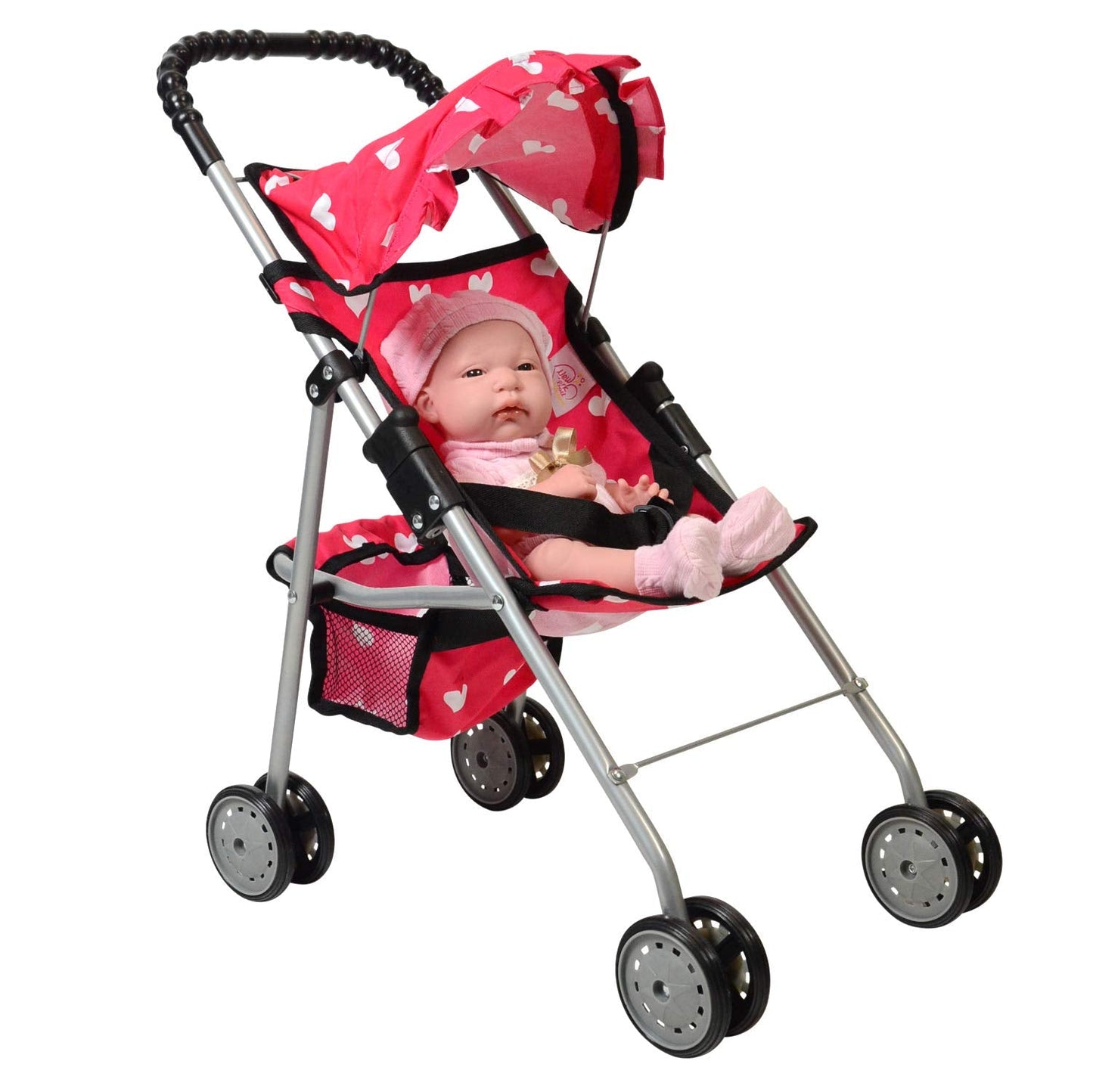 The New York Doll Collection My First Doll Stroller with Heart Design – Foldable Pink