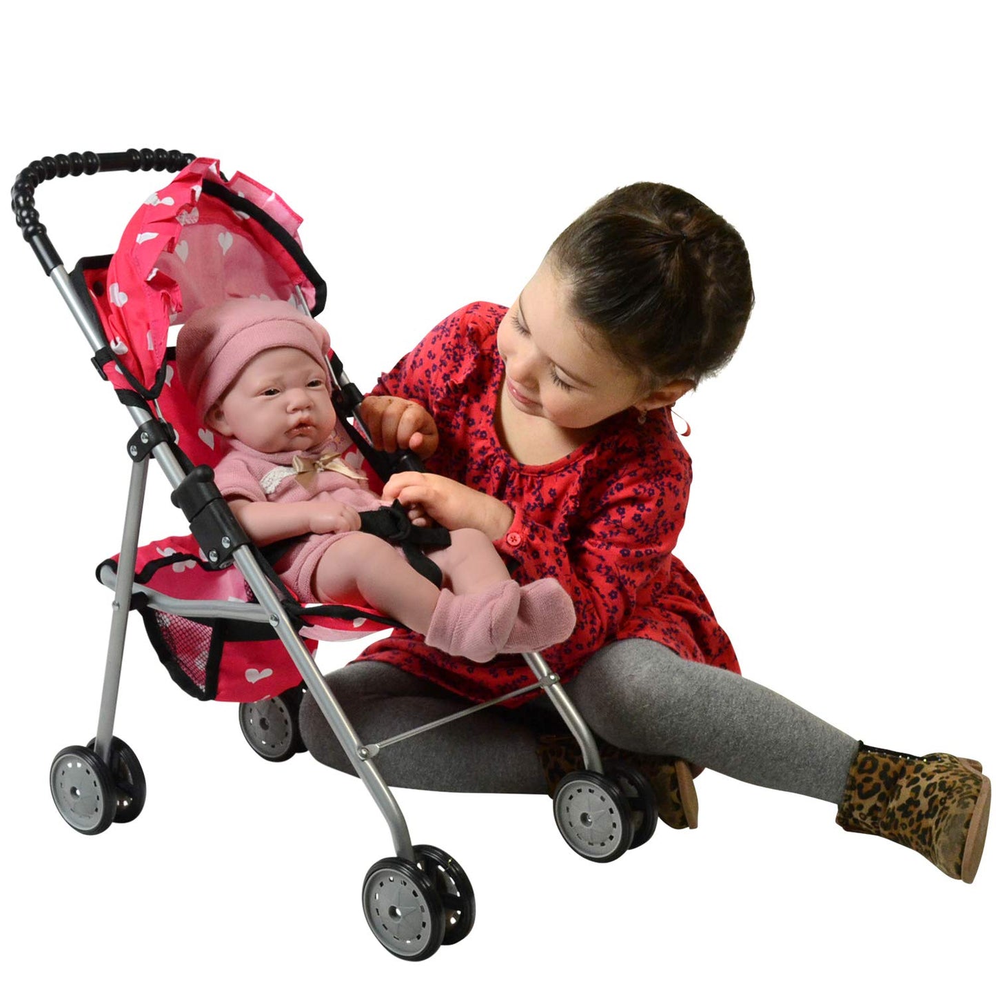 The New York Doll Collection My First Doll Stroller with Heart Design – Foldable Pink