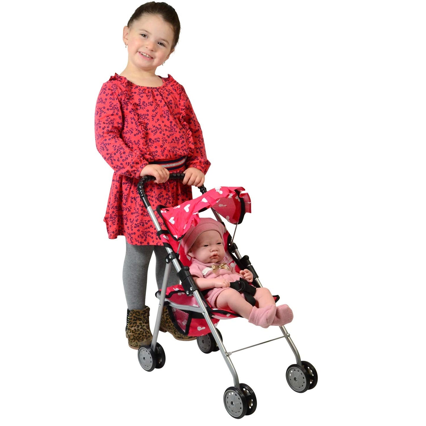 The New York Doll Collection My First Doll Stroller with Heart Design – Foldable Pink