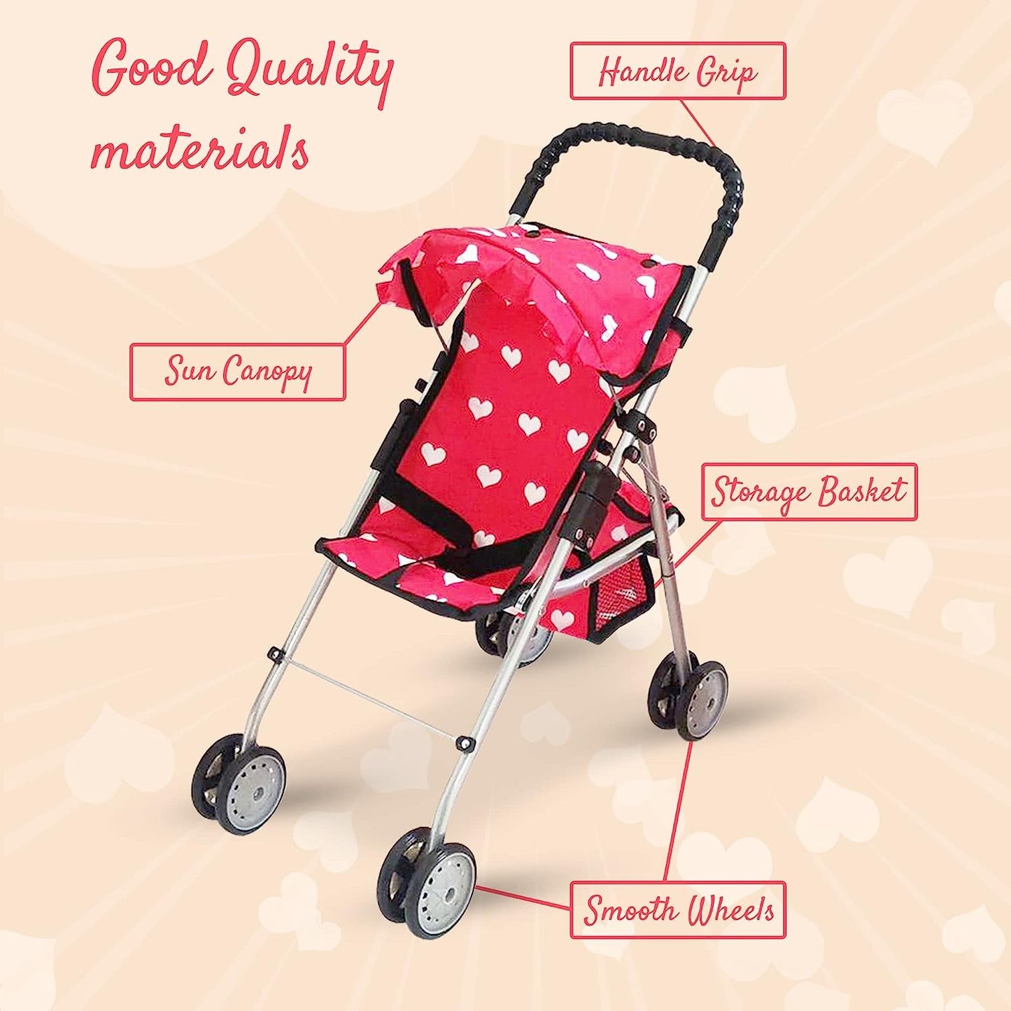 The New York Doll Collection My First Doll Stroller with Heart Design – Foldable Pink