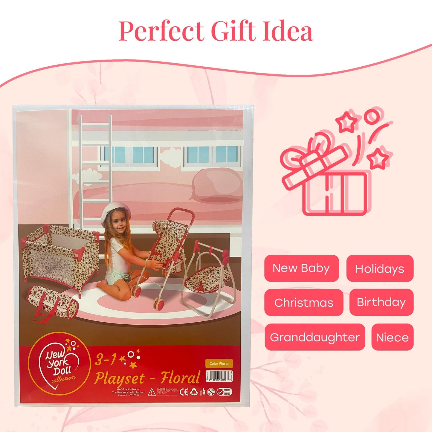 Deluxe Baby Doll Stroller and Crib Playset – Floral, 18-Inch Dolls | The New York Doll Collection