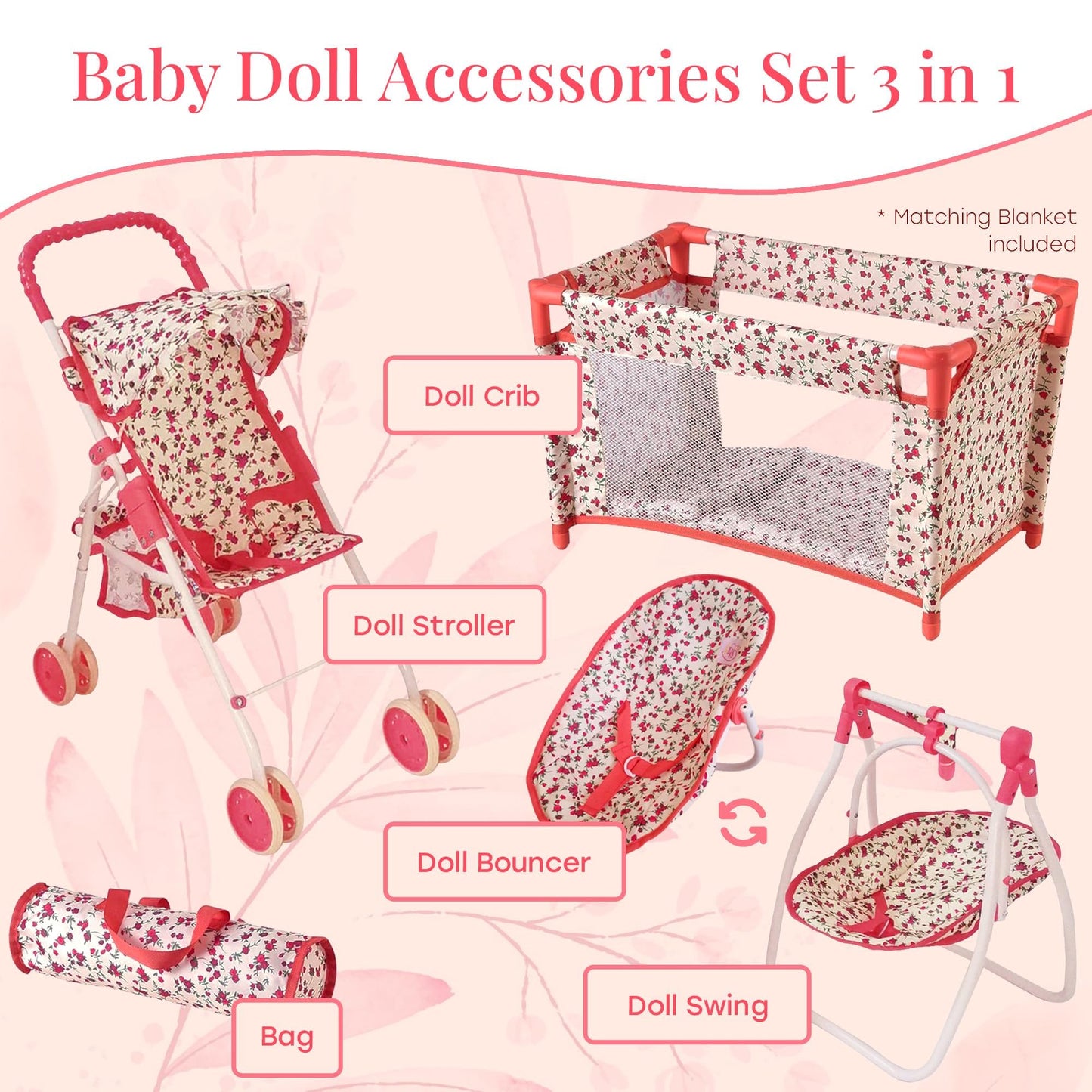 Deluxe Baby Doll Stroller and Crib Playset – Floral, 18-Inch Dolls | The New York Doll Collection