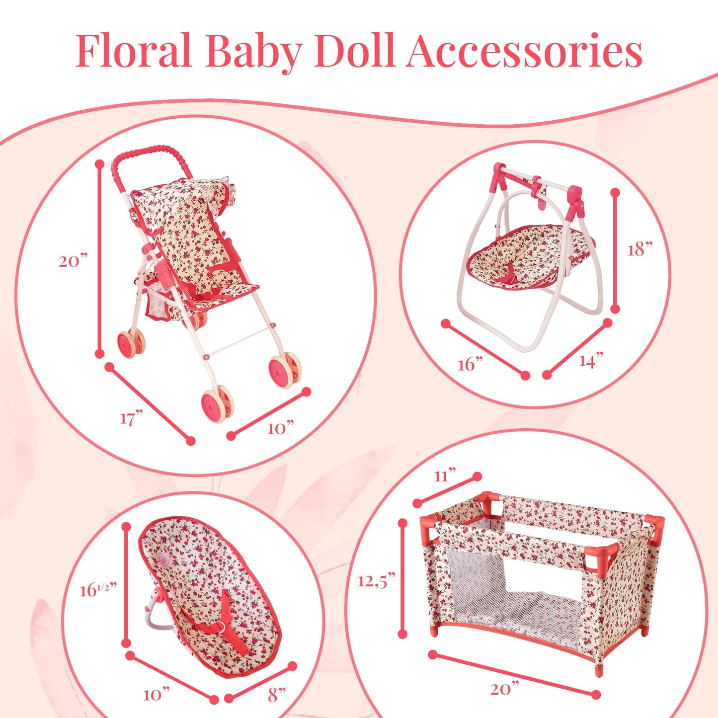 Deluxe Baby Doll Stroller and Crib Playset – Floral, 18-Inch Dolls | The New York Doll Collection