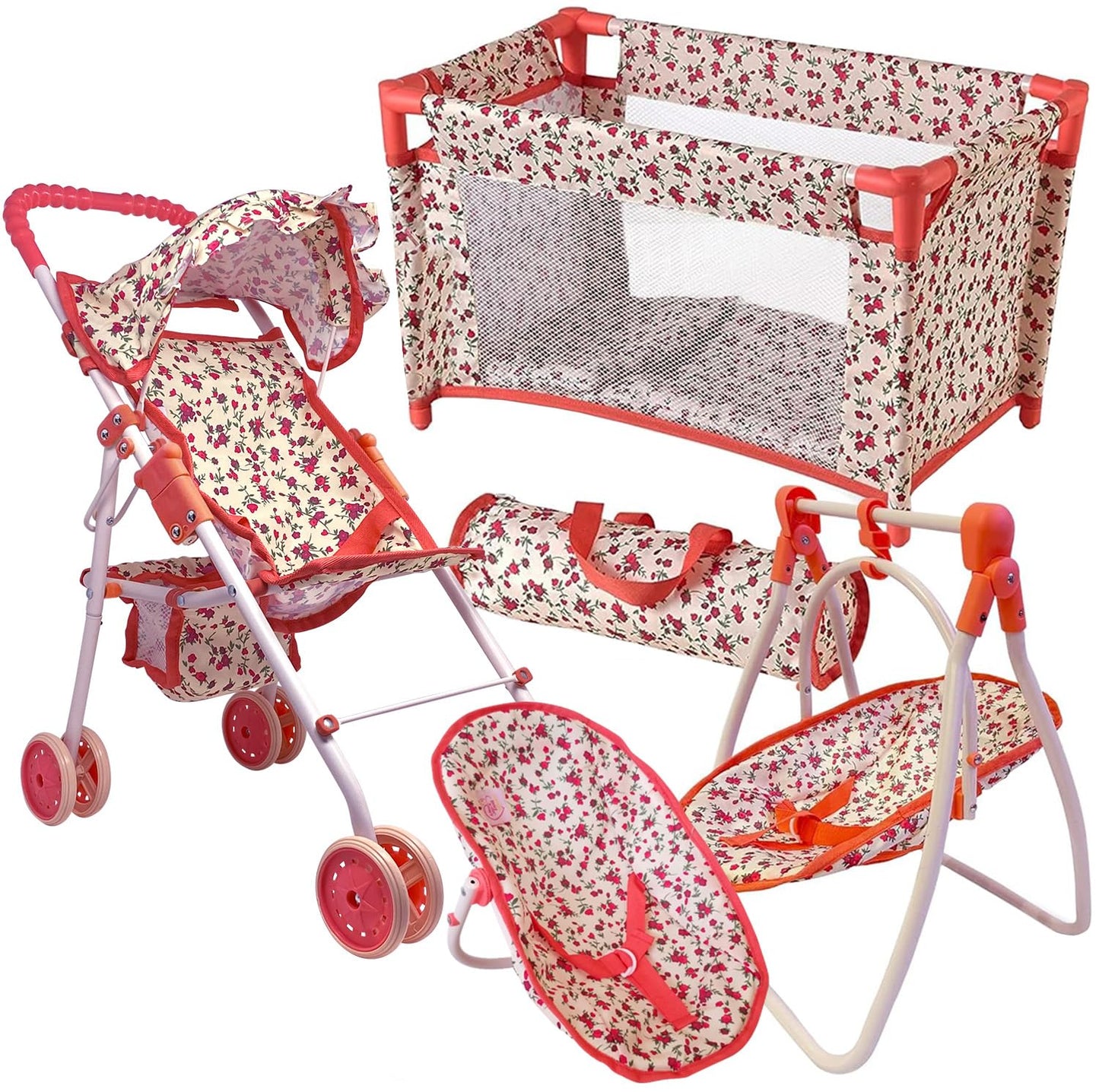 Deluxe Baby Doll Stroller and Crib Playset – Floral, 18-Inch Dolls | The New York Doll Collection