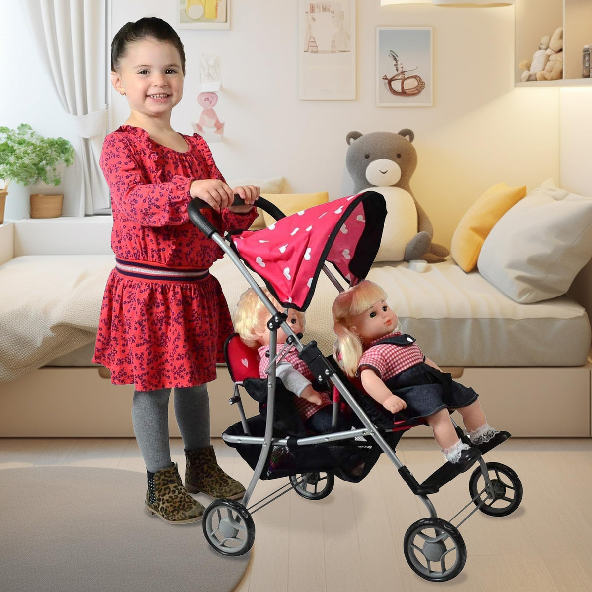 The New York Doll Collection My First Doll Twin Stroller – Heart Design Double Stroller for 18-Inch Dolls