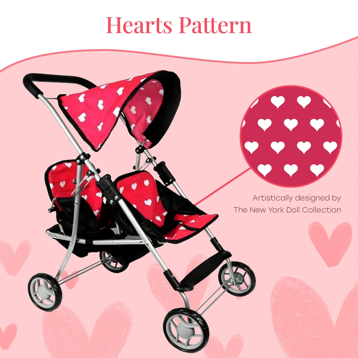 The New York Doll Collection My First Doll Twin Stroller – Heart Design Double Stroller for 18-Inch Dolls