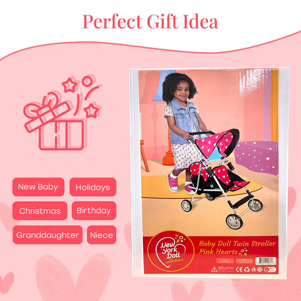 The New York Doll Collection My First Doll Twin Stroller – Heart Design Double Stroller for 18-Inch Dolls