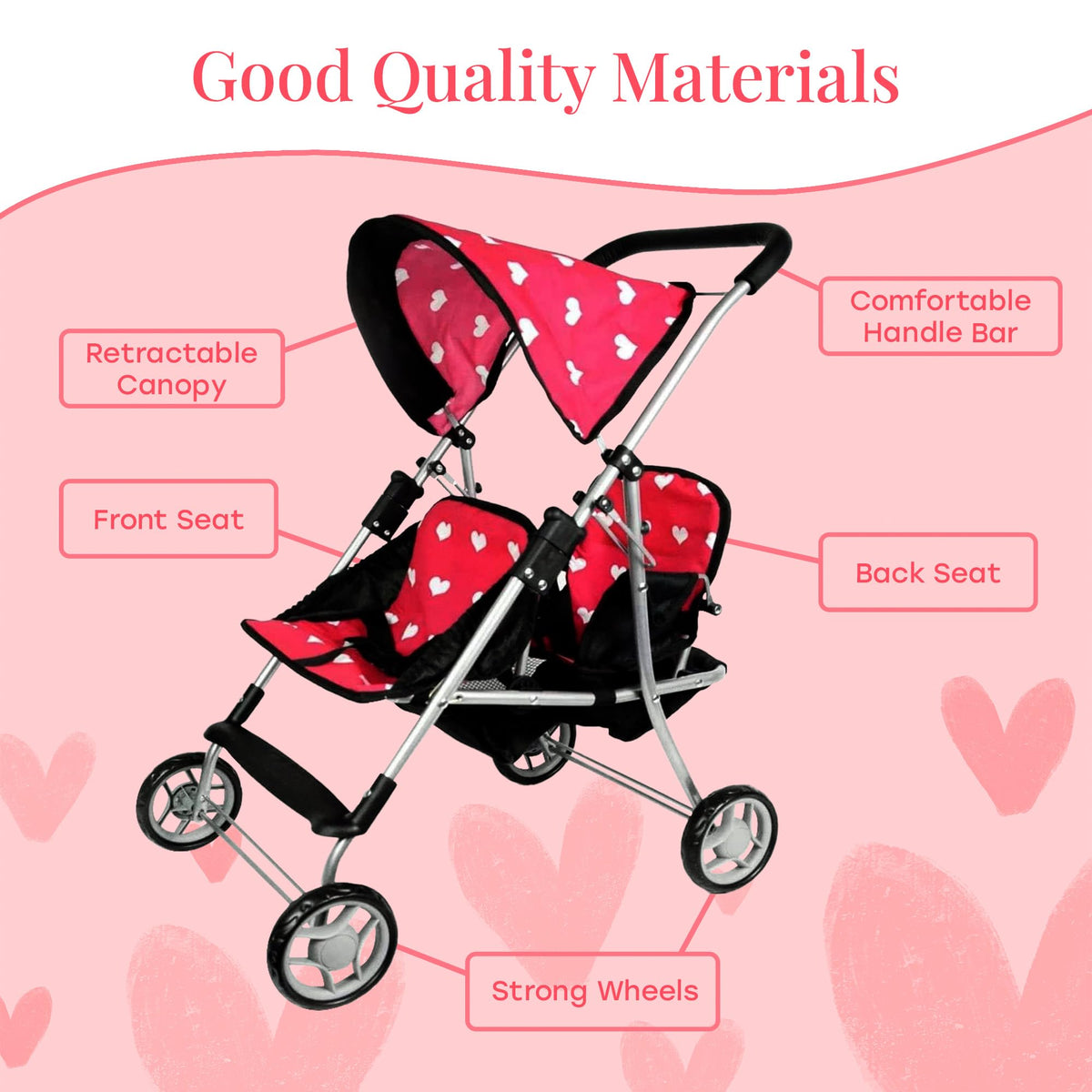 The New York Doll Collection My First Doll Twin Stroller – Heart Design Double Stroller for 18-Inch Dolls