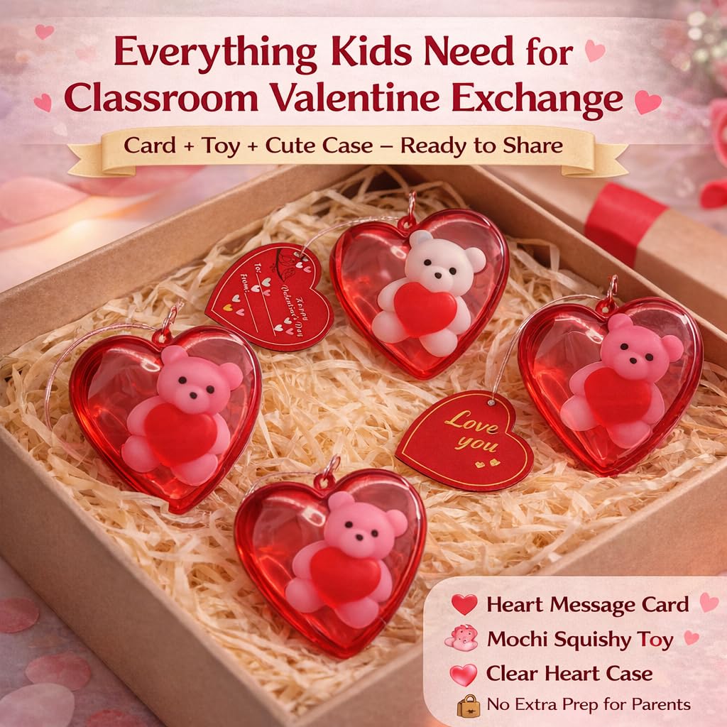 NYPHZAT Classrooms Valentines Day Gifts for Kids – Mochi Squishy Toys with Hearts & Cards