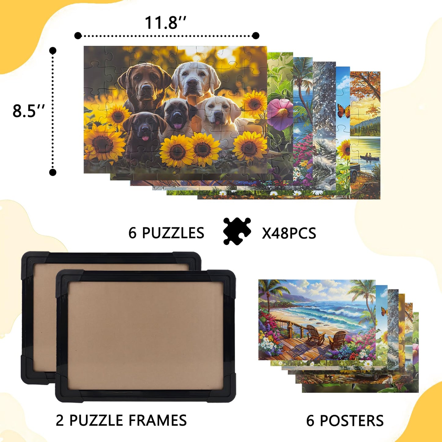 NZNDB 6-Pack 48-Piece Puzzles for Seniors | Easy-Grip Large Pieces, Frames & 1:1 Images