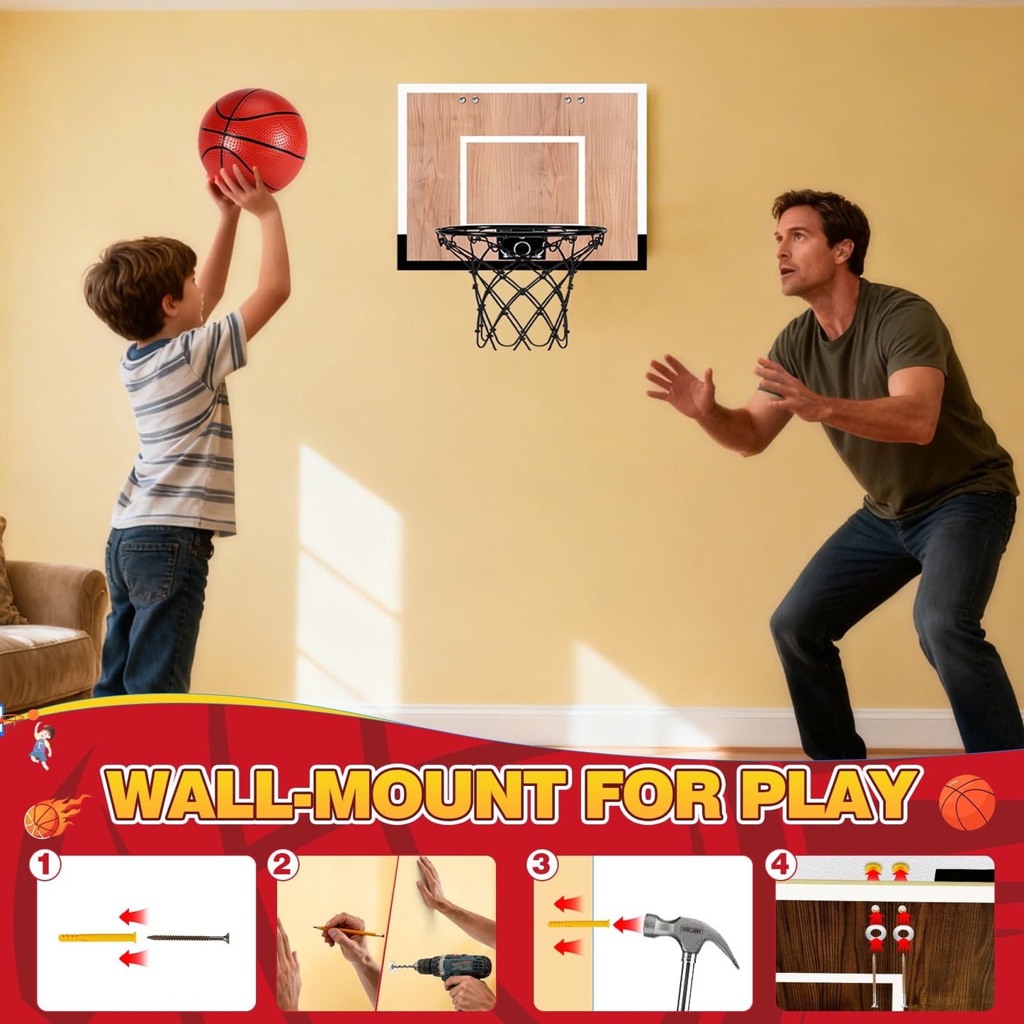 NZQXJXZ Indoor Basketball Hoop for Kids – Wall or Door Mount, 16x12 Backboard, No Score Version