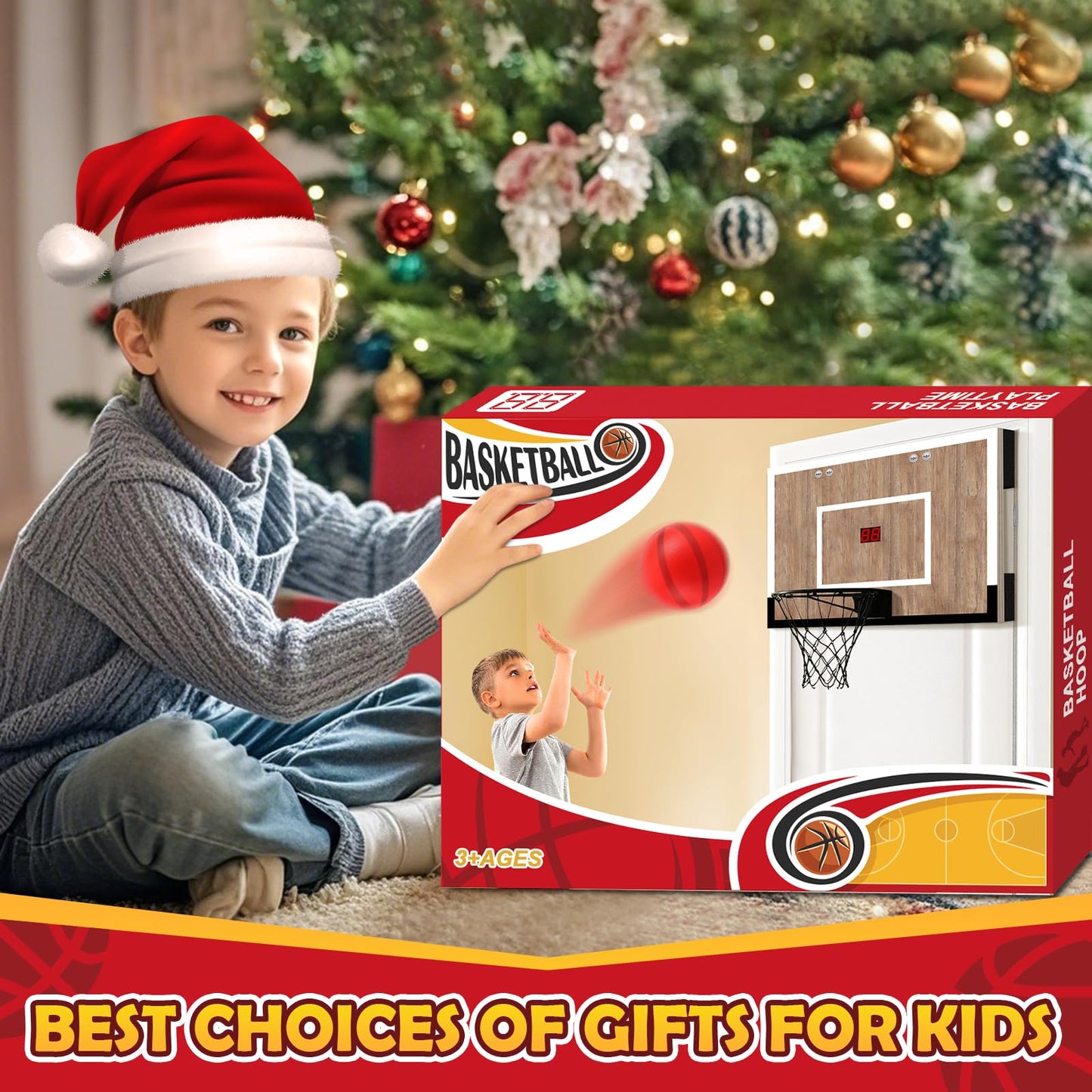 NZQXJXZ Indoor Basketball Hoop for Kids — Over-the-Door & Wall Mount, Wooden Backboard, 3 Balls, Scoreboard