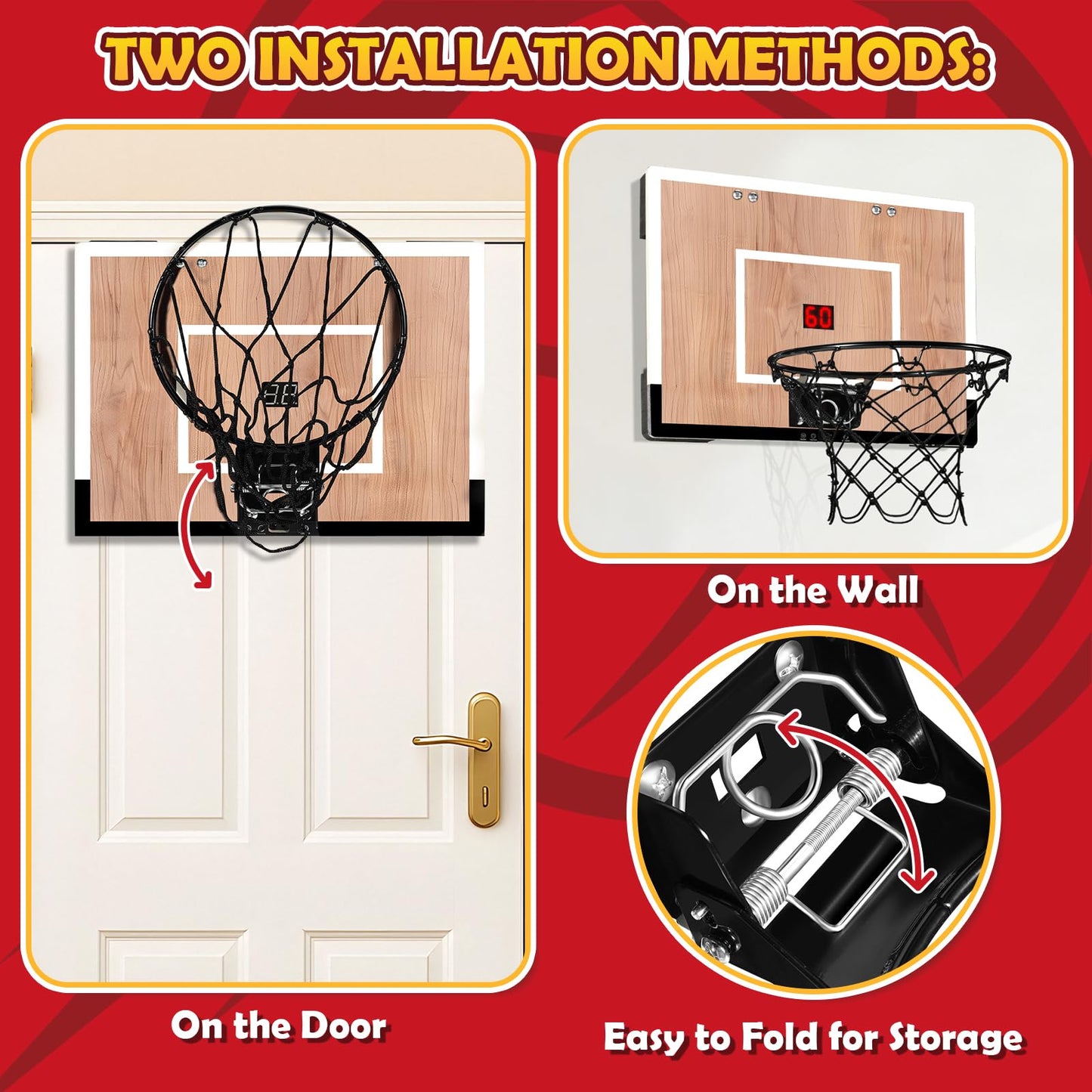 NZQXJXZ Indoor Basketball Hoop for Kids — Over-the-Door & Wall Mount, Wooden Backboard, 3 Balls, Scoreboard