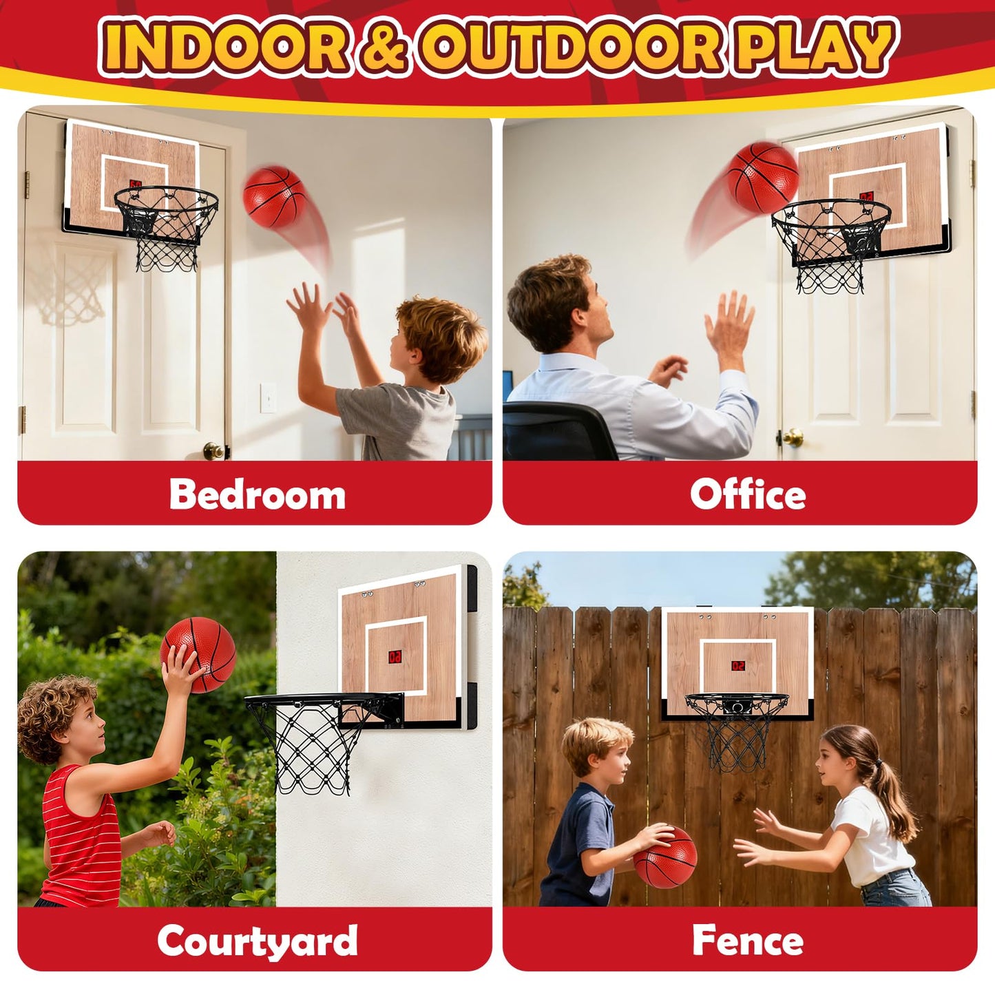 NZQXJXZ Indoor Basketball Hoop for Kids — Over-the-Door & Wall Mount, Wooden Backboard, 3 Balls, Scoreboard