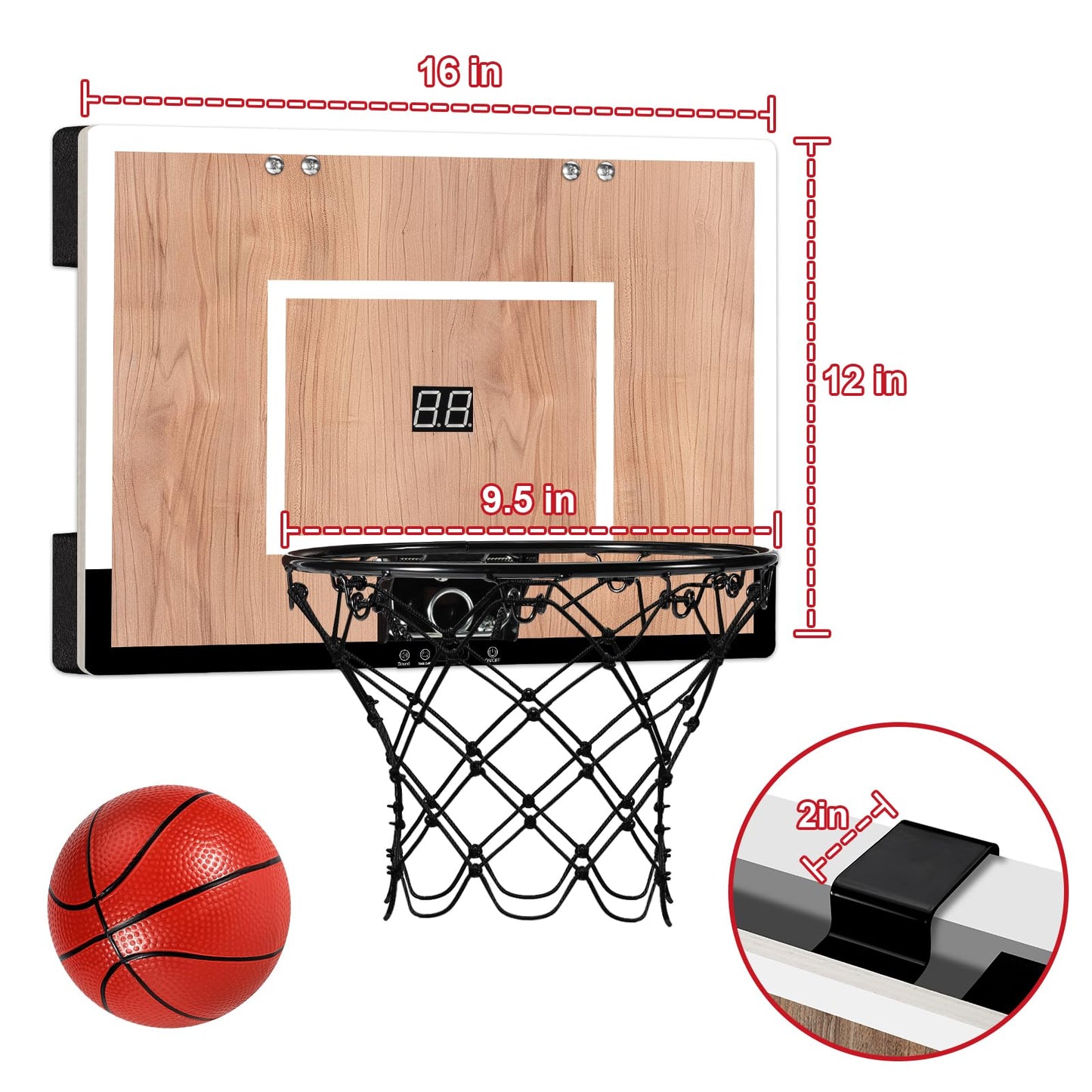 NZQXJXZ Indoor Basketball Hoop for Kids — Over-the-Door & Wall Mount, Wooden Backboard, 3 Balls, Scoreboard