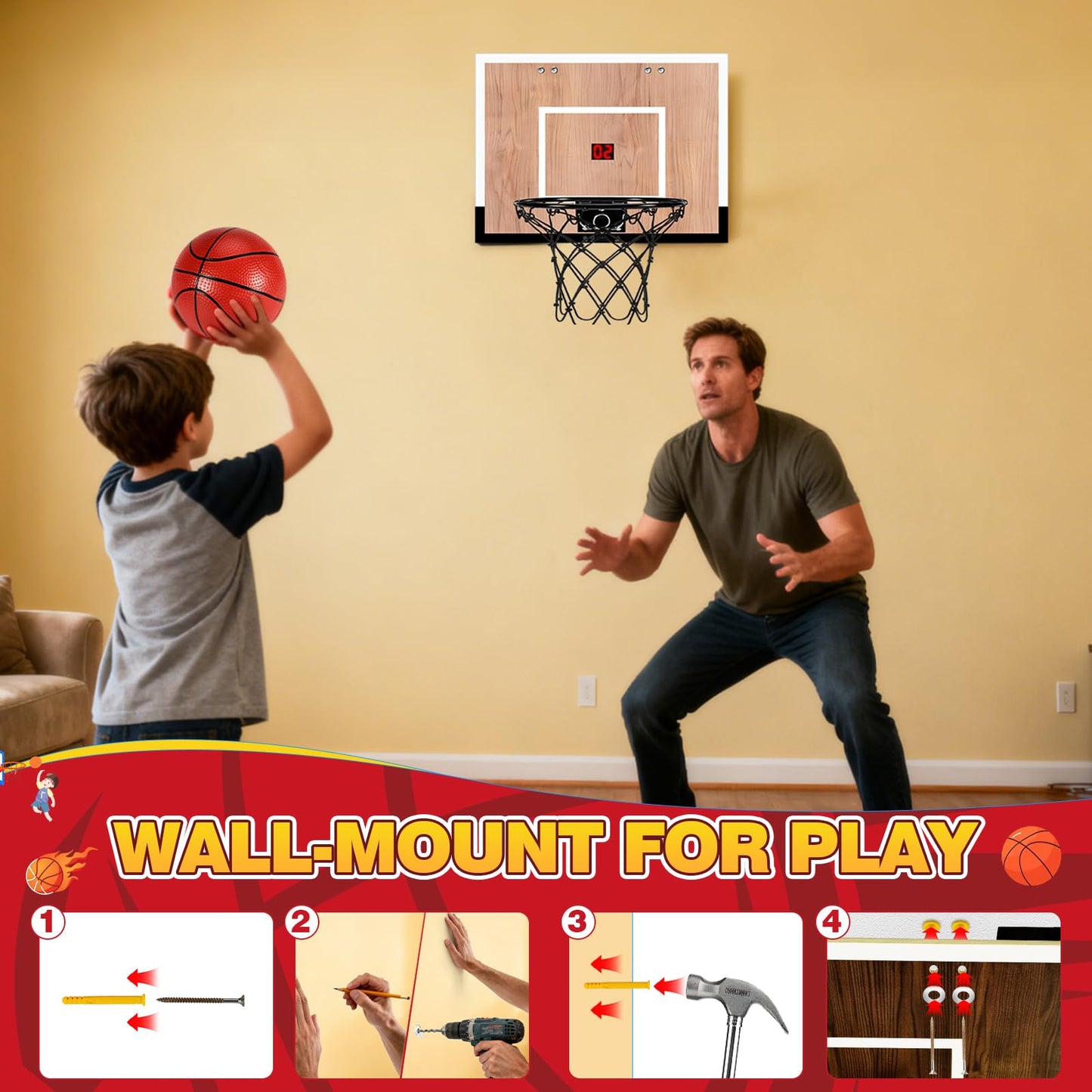 NZQXJXZ Indoor Basketball Hoop for Kids — Over-the-Door & Wall Mount, Wooden Backboard, 3 Balls, Scoreboard