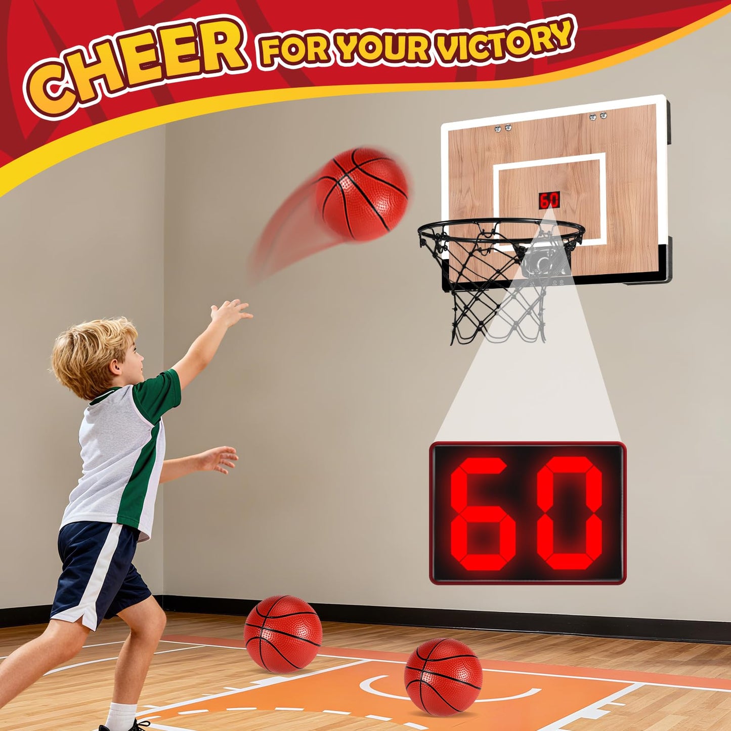 NZQXJXZ Indoor Basketball Hoop for Kids — Over-the-Door & Wall Mount, Wooden Backboard, 3 Balls, Scoreboard