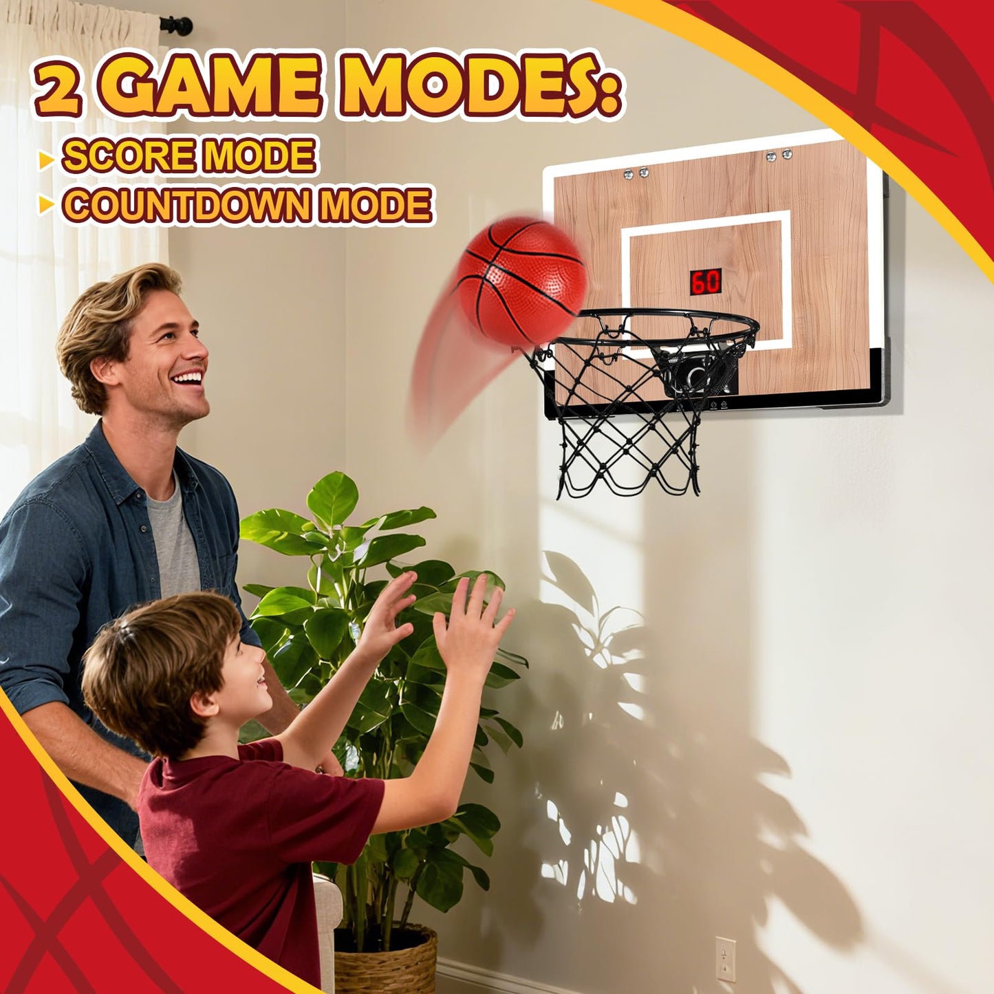 NZQXJXZ Indoor Basketball Hoop for Kids — Over-the-Door & Wall Mount, Wooden Backboard, 3 Balls, Scoreboard