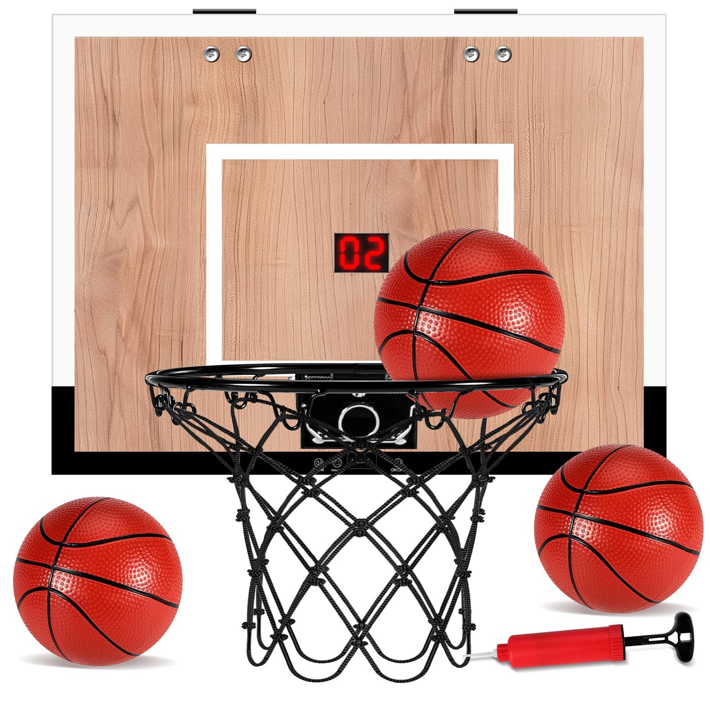 NZQXJXZ Indoor Basketball Hoop for Kids — Over-the-Door & Wall Mount, Wooden Backboard, 3 Balls, Scoreboard