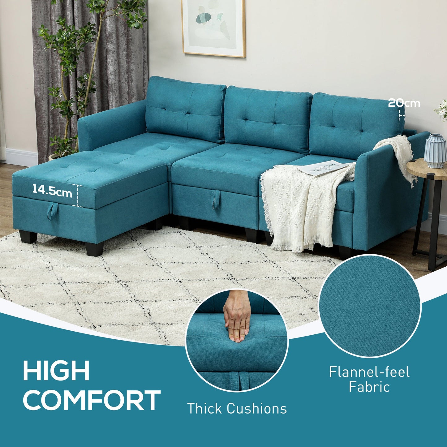 HOMCOM Convertible Modular Sectional Sofa w/ Storage Wood Frame Light Blue