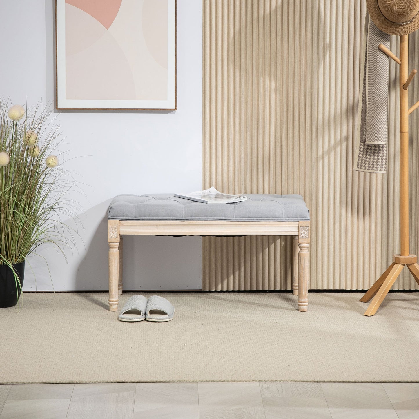 HOMCOM End of Bed Bench Tufted Upholstered Foot Stool, Light Grey