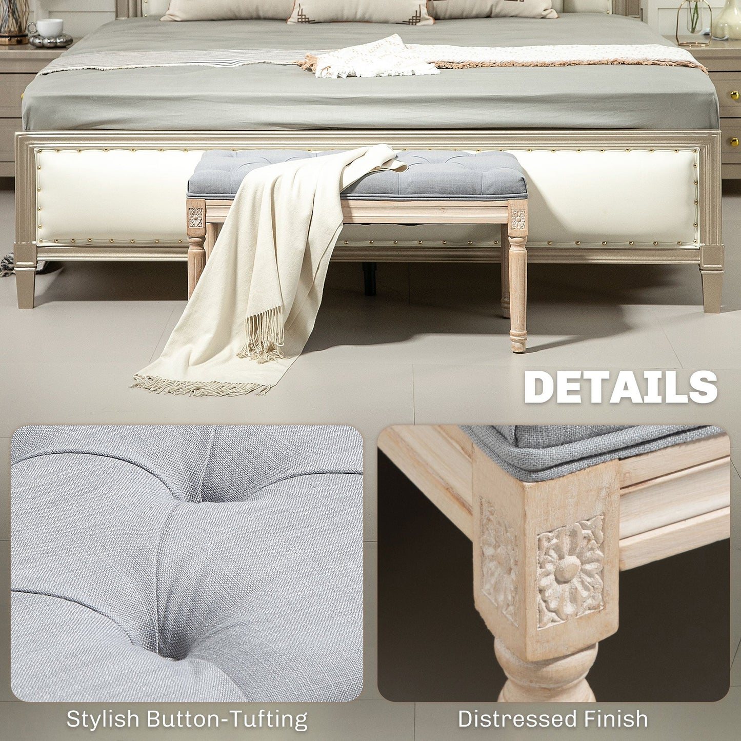 HOMCOM End of Bed Bench Tufted Upholstered Foot Stool, Light Grey