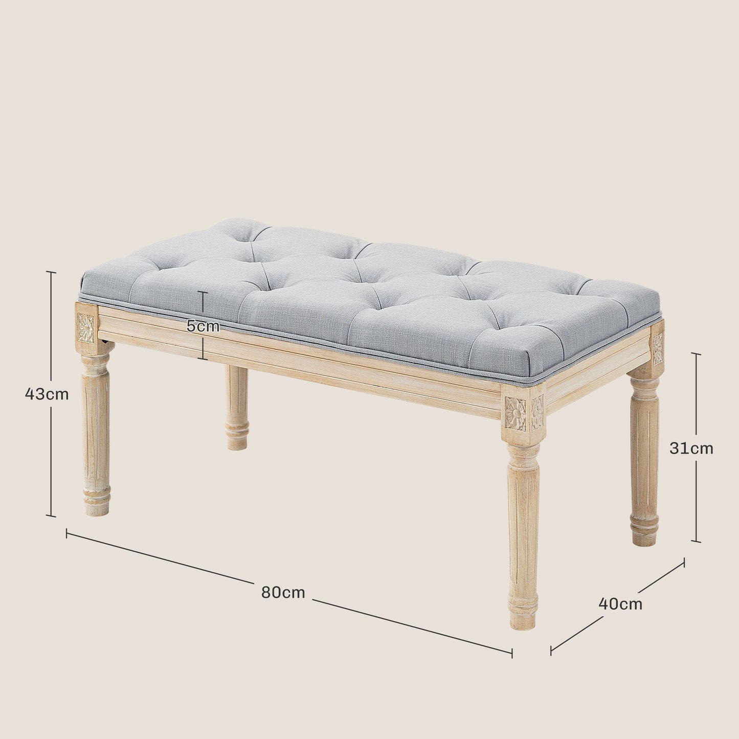 HOMCOM End of Bed Bench Tufted Upholstered Foot Stool, Light Grey