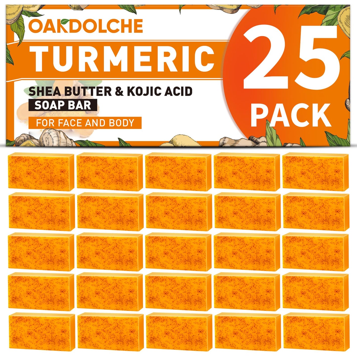 OAKDOLCHE 25P Turmeric Kojic Acid Soap Gift Set – 60g Bars with Retinol, Collagen & Vitamin E | SLS-Free, Face & Body