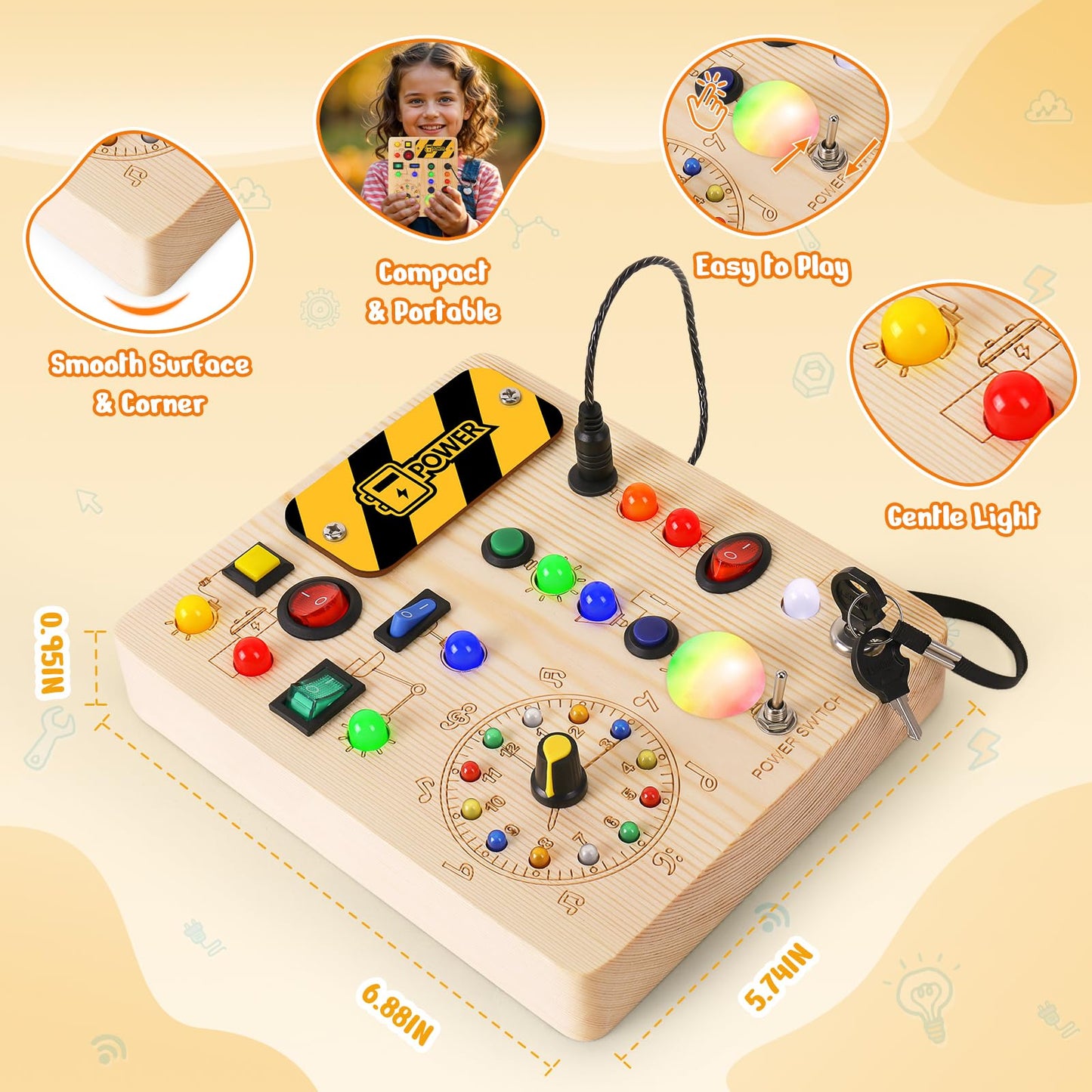 OAKJAR Busy Board with LED Light – Montessori Wooden Toddler Toy for 1-3 Years