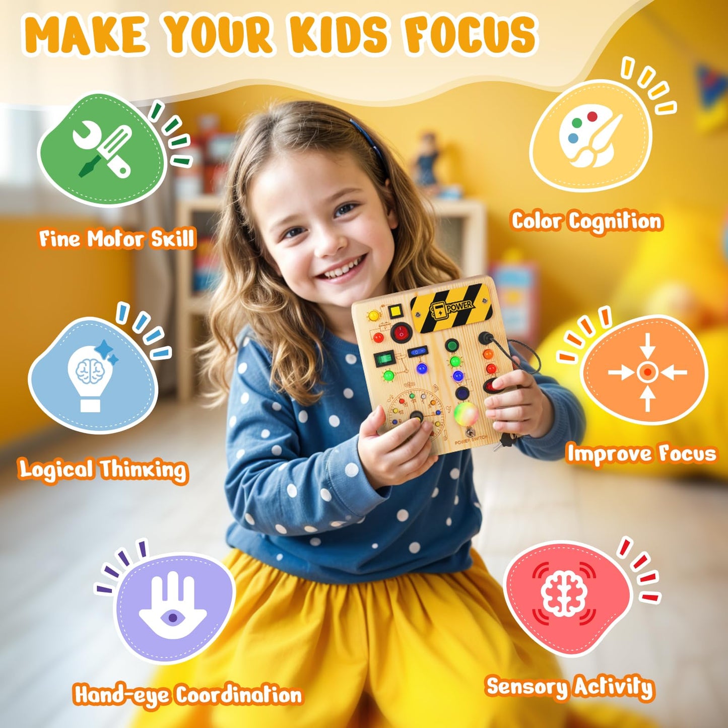 OAKJAR Busy Board with LED Light – Montessori Wooden Toddler Toy for 1-3 Years
