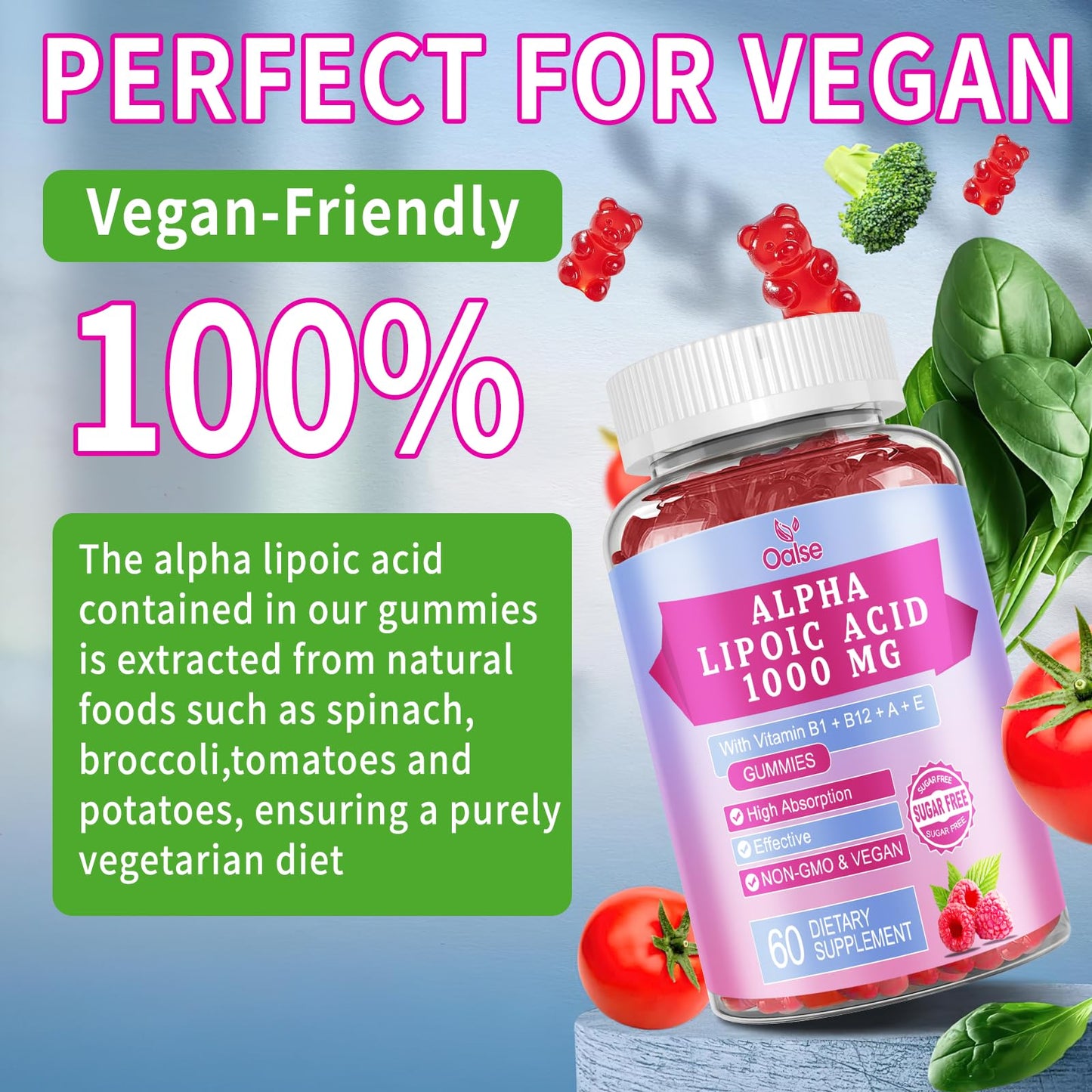 OALSE Alpha Lipoic Acid Gummies 1000mg – Sugar Free Raspberry, 60 Gummies