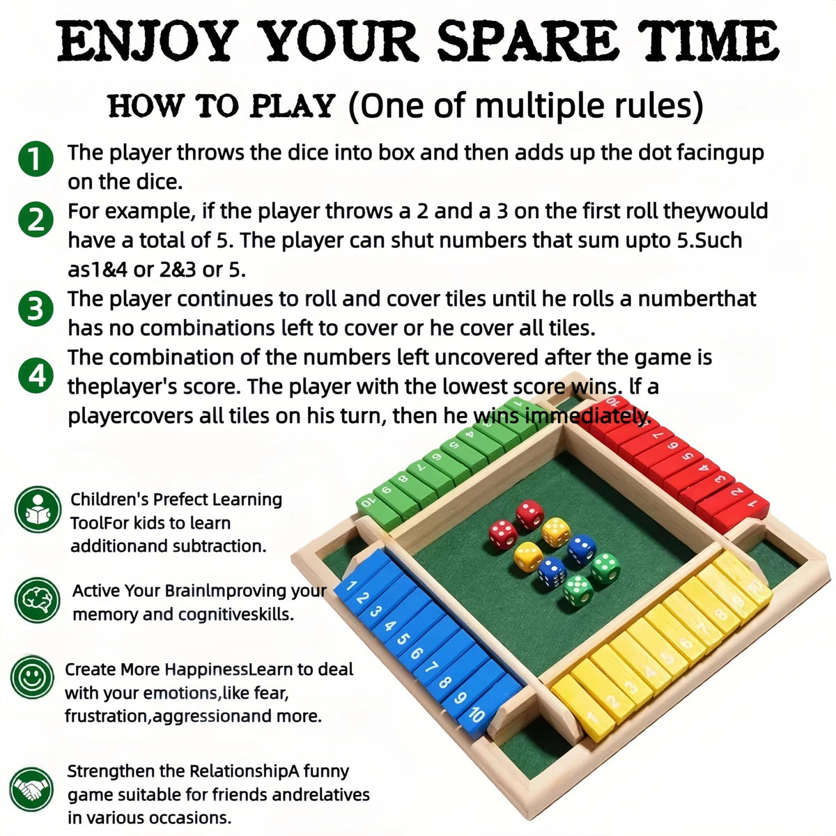 OANM Studio Wooden Shut The Box Game | 2-6 Players, 8 Dice, Portable Family Fun
