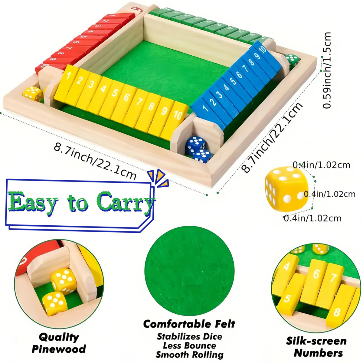 OANM Studio Wooden Shut The Box Game | 2-6 Players, 8 Dice, Portable Family Fun