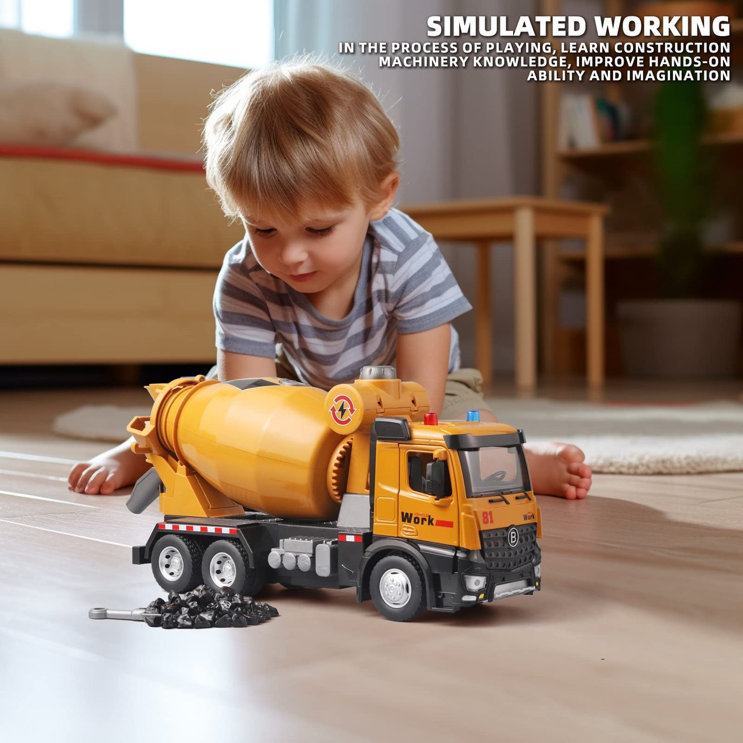 OANMYJJO Metal Cement Mixer Truck Model with Sounds and Lights – Construction Toy for Kids 3 and Up