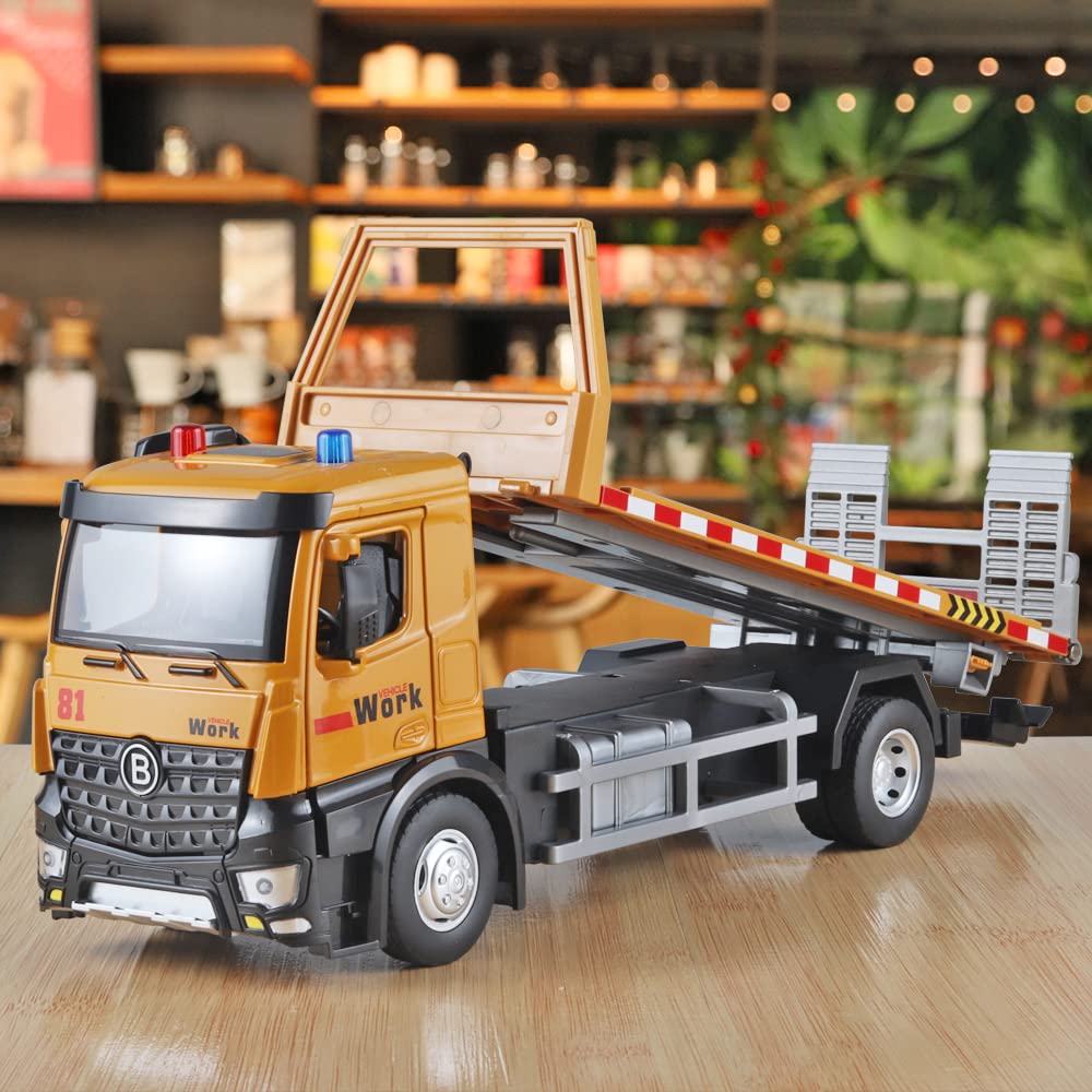 OANMYJJO Tow Truck Toys for Boys – Metal Diecast with Lights, Sounds, Liftable Flatbed & Extendable Trailer